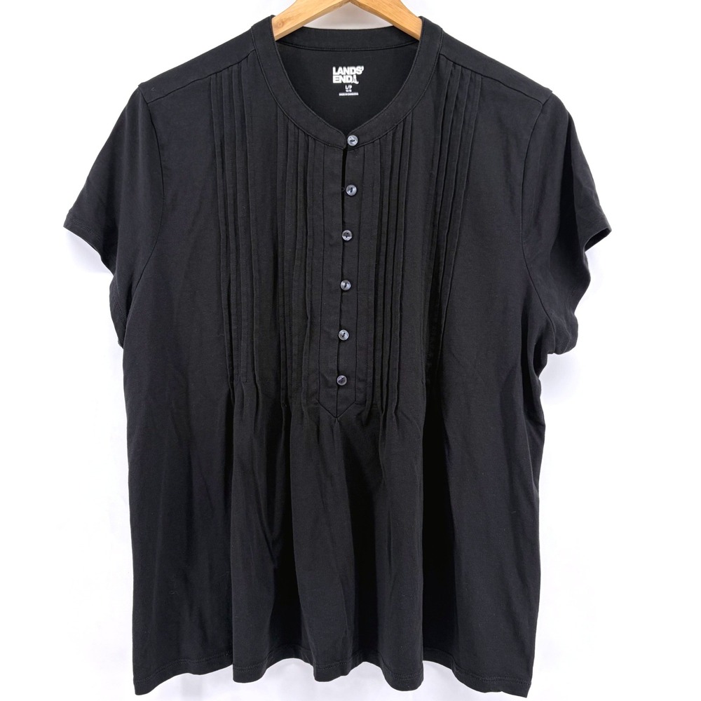Lands End Womens Black Pleated Front Henley Short Sleeve Top Petite Large LP
